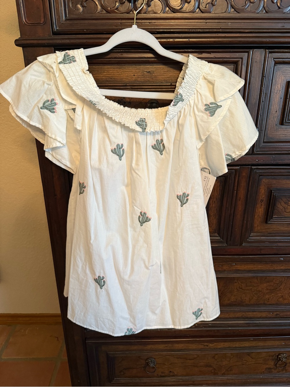 White Off-Shoulder Blouse with Green Cactus Embroidery